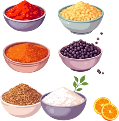 Colorful spice set illustration with seasoning bowls and aromatic cooking ingredients, decorative culinary artwork for recipe design and kitchen decor © egle_jurev