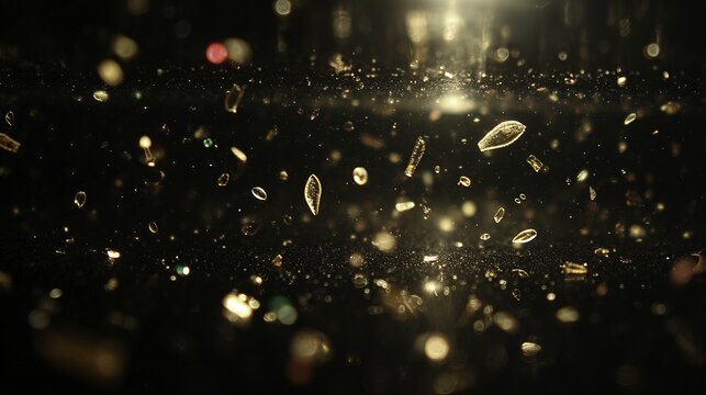 Golden particles floating in a dark, glowing space with bokeh light effects
