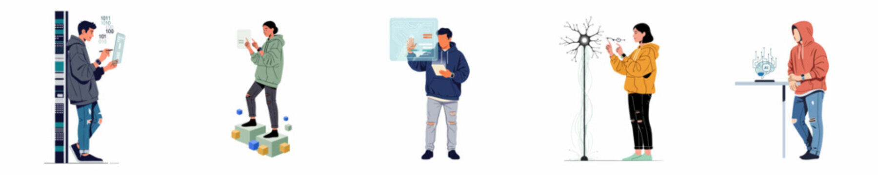 Set of flat vector illustrations featuring young people interacting with advanced futuristic technology, AI, holographic interfaces, and digital data networks.