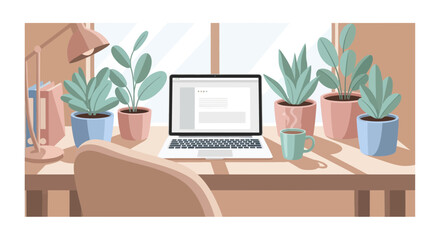 Obraz premium Cozy Home Office Desk with Laptop, Plants, and Coffee - Remote Work Setup