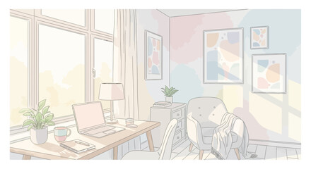 Obraz premium Cozy Home Office with Natural Light, Laptop, and Abstract Art