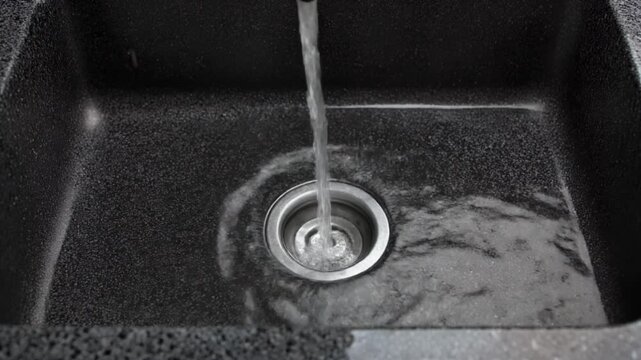 Running water stream fills a dark kitchen sink bowl