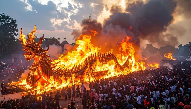 A massive fire-breathing dragon sculpture engulfs a crowd