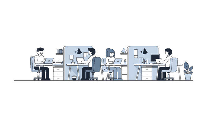 Modern open-plan office interior with employees working at computers in cubicles, minimalist flat design illustration