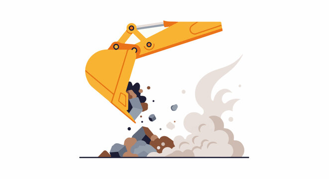 Yellow excavator bucket dumping rocks and dirt, creating dust clouds