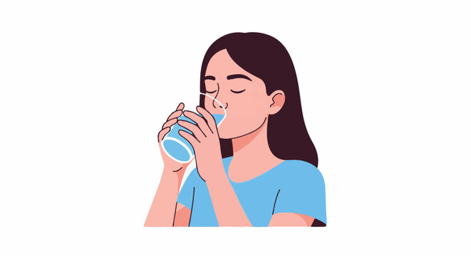 Woman in blue shirt drinking from a glass of water, eyes closed