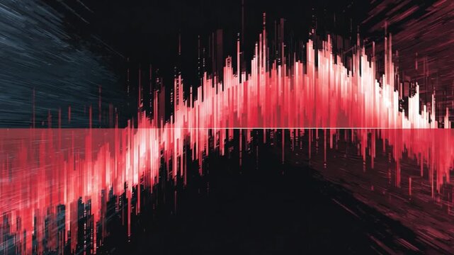Red Sound Wave: Dynamic representation of sound waves, pulsating with a vibrant red hue against a dramatic backdrop of black and blue. A visual symphony, evoking energy and auditory concepts.