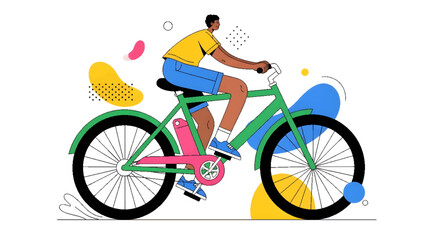 Naklejka premium Man riding an electric bicycle with abstract colorful shapes in the background, healthy lifestyle and eco-friendly transport concept