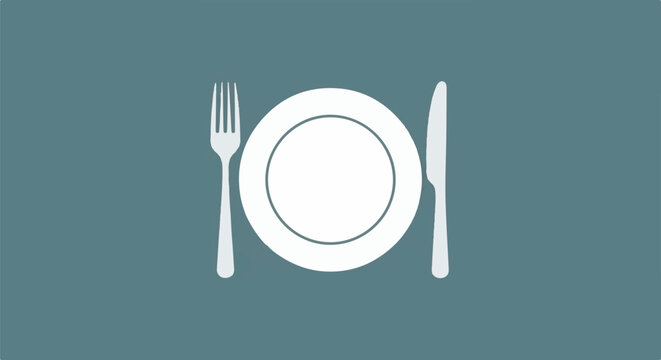 White plate and silverware set on a muted teal background