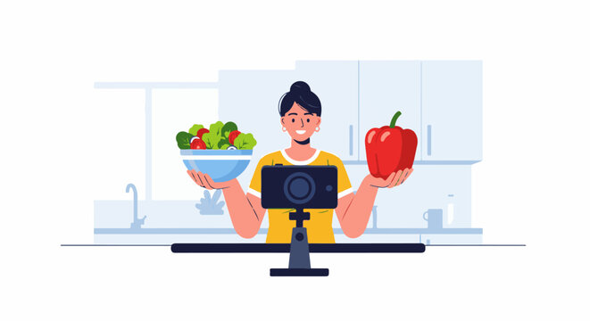Woman in kitchen films healthy food recipe with camera