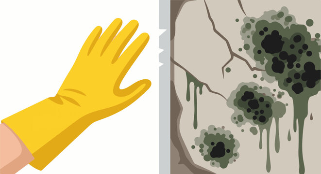 Yellow protective glove near a cracked wall with mold and mildew growth