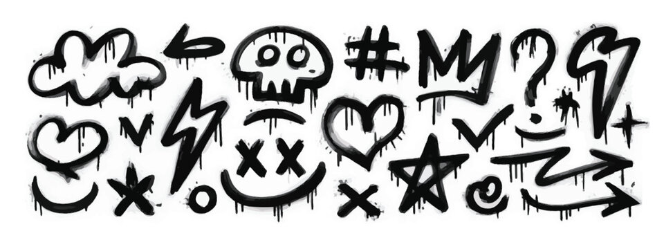 Black Graffiti Icons and Symbols on White Background Keywords: graffiti, icons, symbols, black