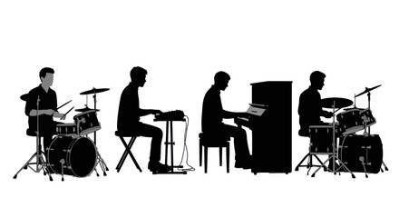 Set of Musical Silhouettes: Drummer, Pianists, and Keyboard Player. Vector Illustration. © bayu