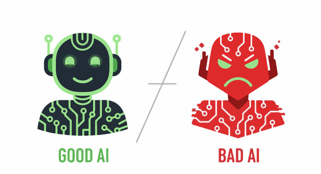 Two contrasting AI representations, one friendly, one angry