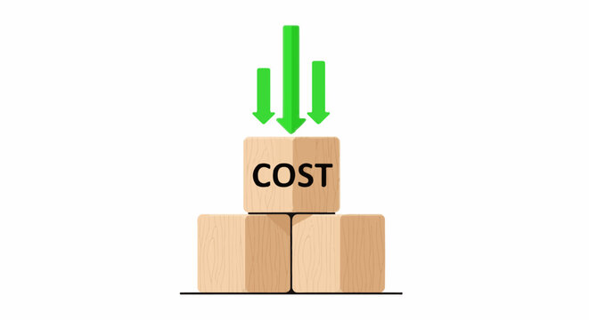 Wooden blocks with green arrows pointing down to the word COST
