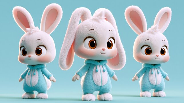Drei niedliche 3D-animierte Cartoon-Hasen in blauen Overalls stehen nebeneinander auf einem t&uuml;rkisen Hintergrund.