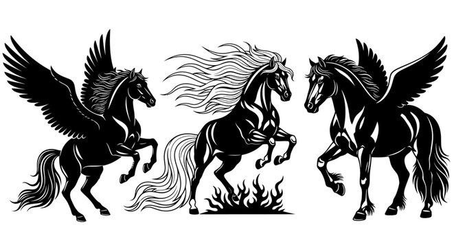 Set of Mythical Pegasus and Stallion with Long Mane, Vector Illustration