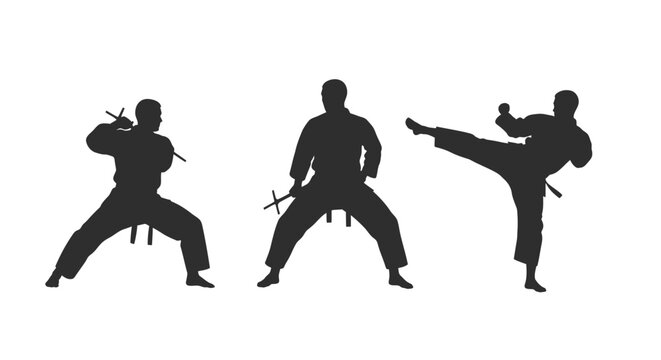 Martial Arts Silhouettes Set with Karate Kick and Sai Weapon. Vector Illustration.