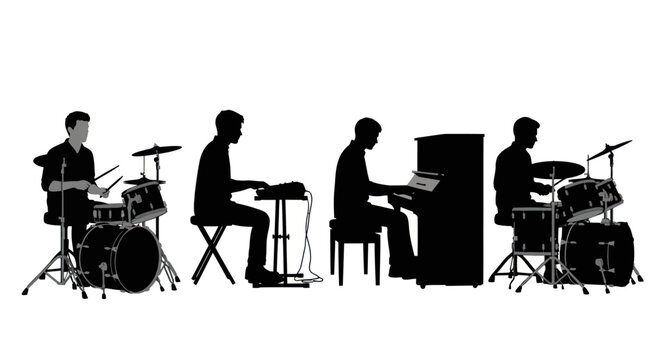 Set of Musical Silhouettes: Drummer, Pianists, and Keyboard Player. Vector Illustration.