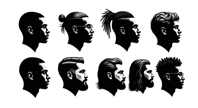 Set of Men Profile Silhouettes with Different Hairstyles and Beards, Vector Illustration