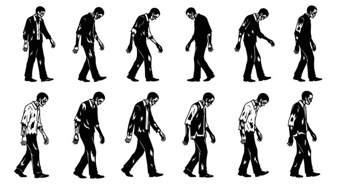 Vector illustration of scary zombie walking characters set in various poses for Halloween and horror themes