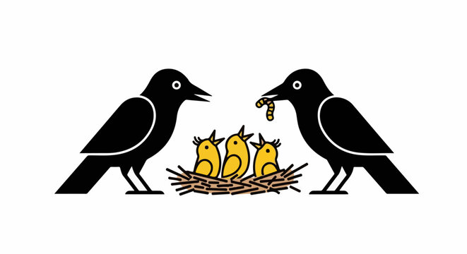 Two black birds feeding worm to three yellow chicks in nest