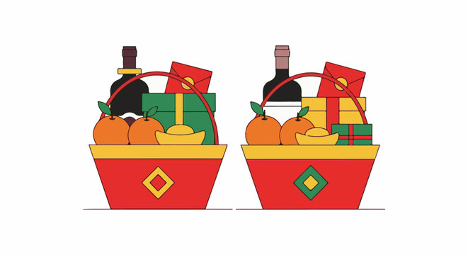 Two festive gift baskets filled with oranges, wine, gold, and wrapped presents