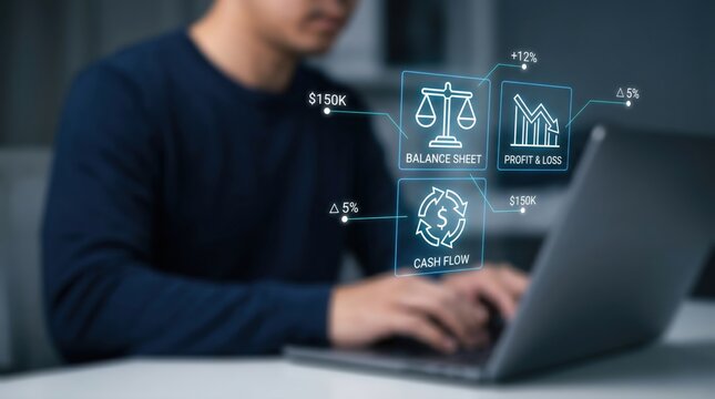Corporate Financial Review and Accounting Concept: Businessman with Holographic Balance Sheet, Profit and Loss Statement, and Cash Flow Grid Interface