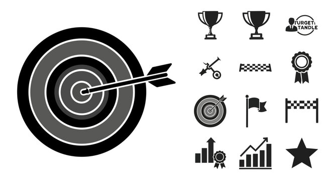 Success Goal Achievement Icons: Dartboard, Trophies, Checkered Flag, Star, Chart & Ribbon