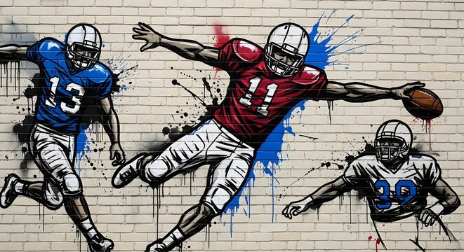 American football mural quarterback receiver and defensive player action