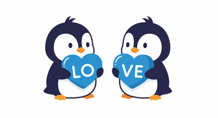 Fototapeta premium Two cartoon penguins holding blue heart shapes spelling out 