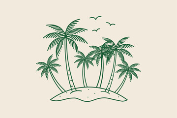 Obraz premium Tropical island with palm trees and birds in a simple line drawing style tree beach