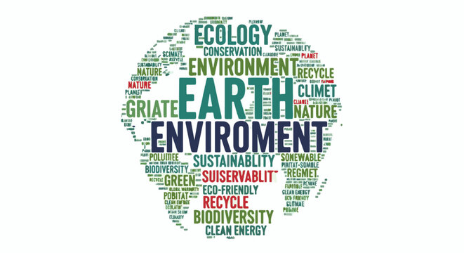 Word cloud forming a globe shape with environmental terms