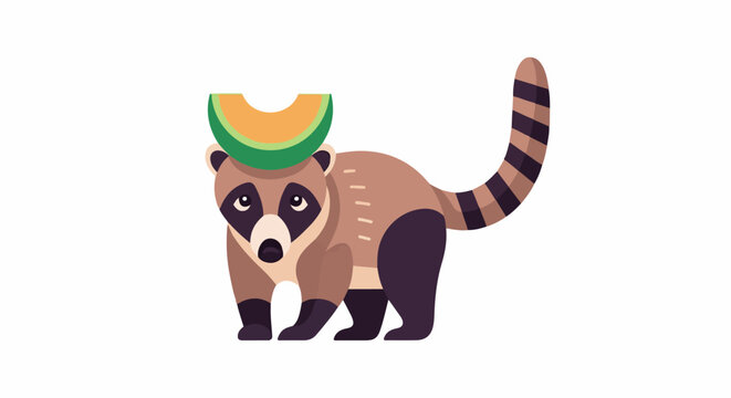 Whimsical cartoon coati with a slice of melon on its head and striped tail