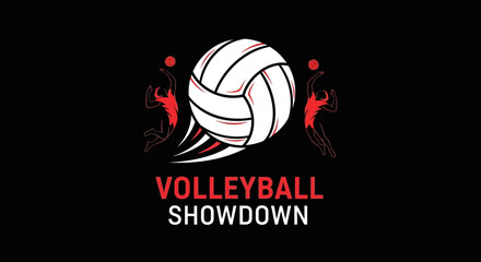 Fototapeta premium Volleyball Showdown Graphic: Action Silhouette and Ball Illustration Over Black Background