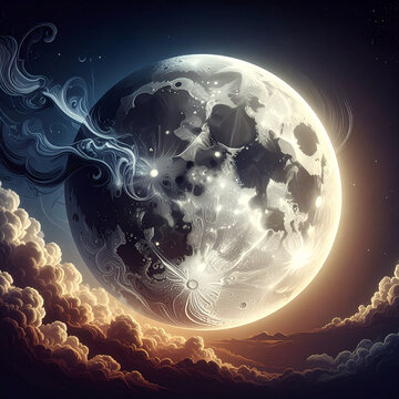 Mystical moon enveloped in swirling cosmic clouds and celestial light