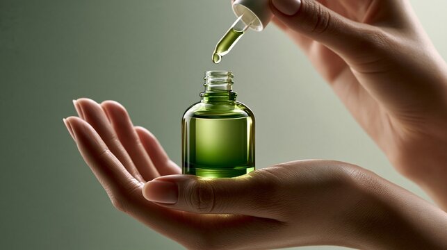 Zwei H&auml;nde halten eine gr&uuml;ne Glasflasche mit Pipette, aus der ein Serum oder &Ouml;l tropft.