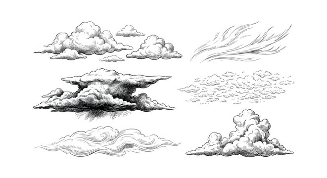 Engraved style sky elements featuring diverse cloud formations including rain and breezes.