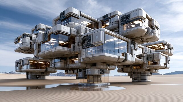 Ein komplexes, modulares Geb&auml;ude aus &uuml;bereinander gestapelten geometrischen Betonquadern steht an einem bew&ouml;lkten Strand.