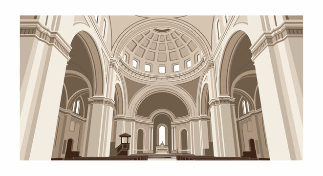 Vast interior of a grand cathedral with a central dome and arched ceilings