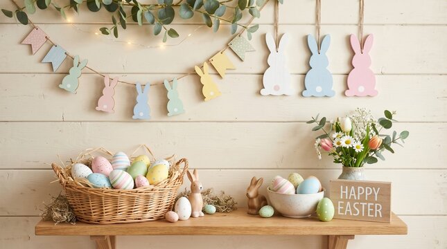 Easter bunny decorations, colorful eggs, and spring flowers on a rustic shelf