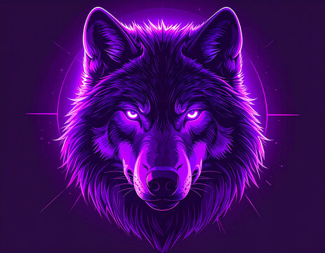 Neon purple wolf portrait with glowing eyes and geometric elements