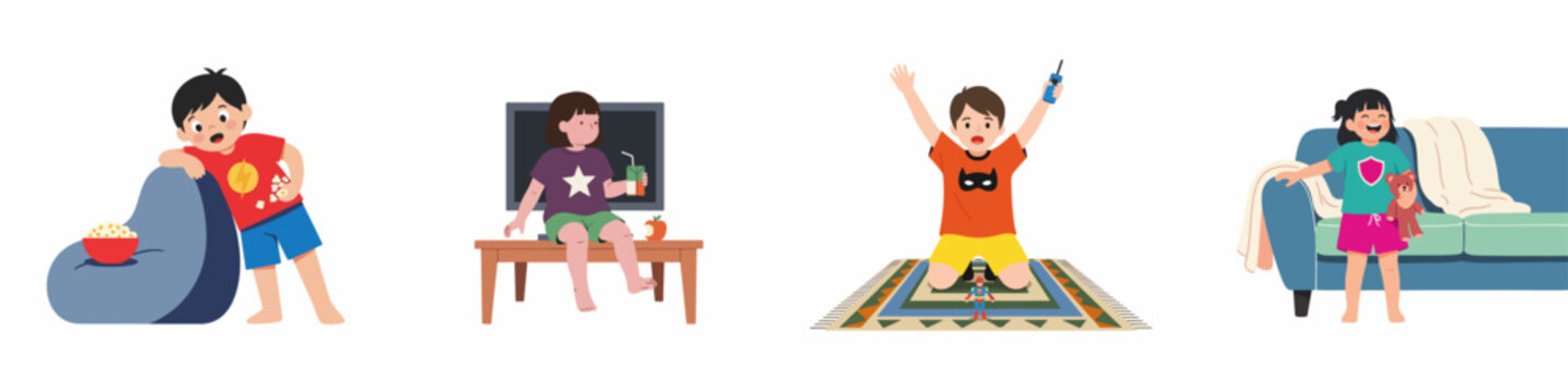 Set of diverse vector illustrations depicting children's daily indoor activities at home including playing, snacking, and watching television in a flat cartoon style.