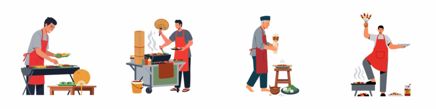 Set of illustrations featuring various men grilling and selling traditional Southeast Asian satay street food on charcoal grills in different settings.