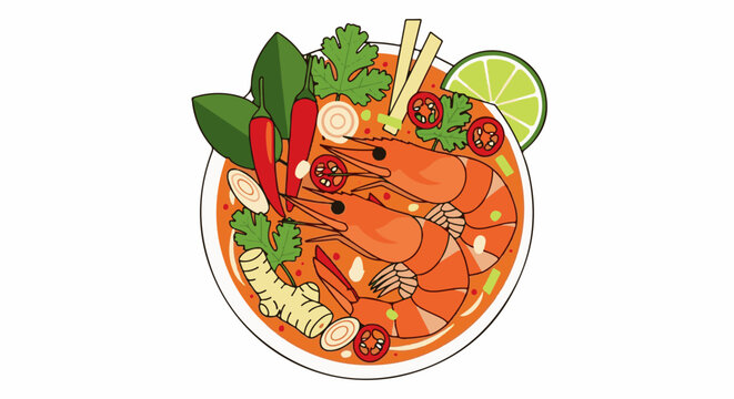 Vibrant illustration of a steaming bowl of tom yum soup with plump shrimp and fresh ingredients