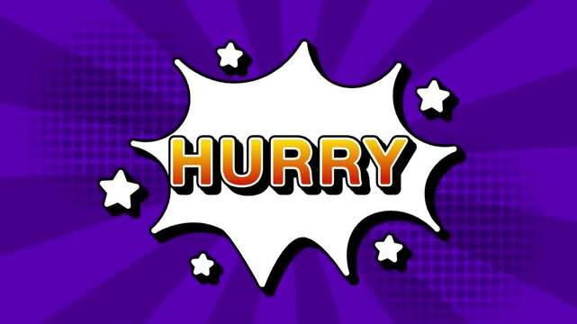 Hurry text word lettering popup comic cartoon reveal with bomb and smoke explosion manga anime book page dots with radial speed lines doodle violet background with seamless loop animation retro