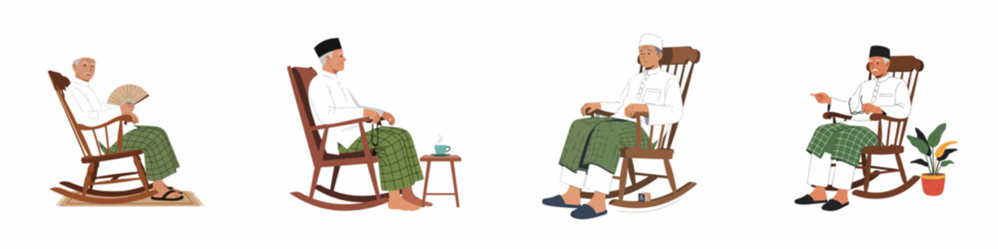 Set of elderly Malay men sitting in wooden rocking chairs, wearing traditional Baju Melayu and sarong, in various relaxed poses.