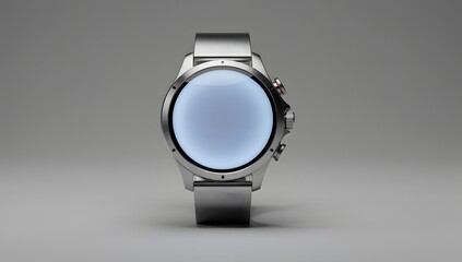 Fototapeta premium Metallic Smartwatch Displaying Blank Screen on Gray Background for Technology Mockup