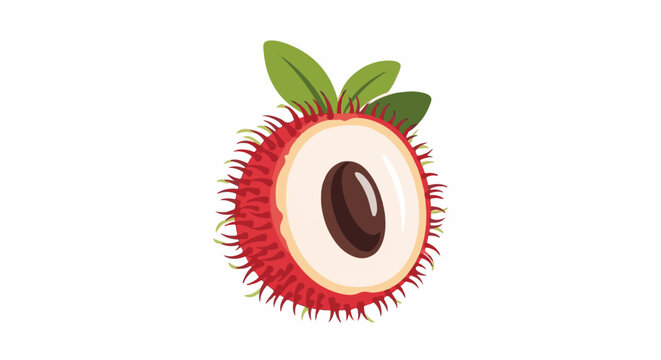 Vibrant red rambutan fruit, half sliced, revealing white flesh and brown seed