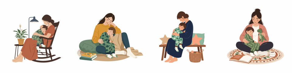 Set of illustrations depicting a mother cuddling her sleeping child in various cozy home environments, celebrating the bond between parent and child.